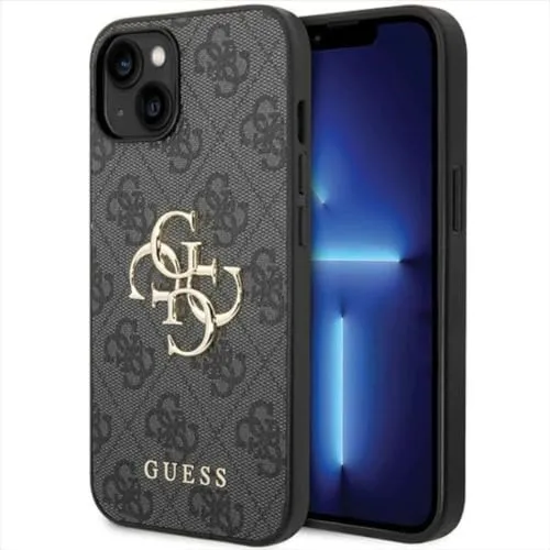 Guess PU 4G Metal Logo Case für iPhone 15 in Grau - Standard Handyhüllen mit luxuriösem PU-Leder, das Kratzer und Abnutzung widersteht, bietet ultimativen Schutz und eleganten Stil.