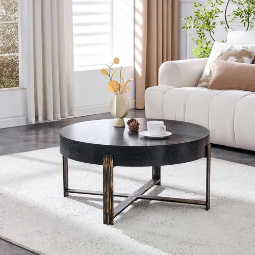 Modfu Couchtisch Schwarz, Rund, 68 cm Durchmesser, Wohnzimmer - Eleganter runder Couchtisch aus MDF mit stabiler Metallbasis in Antikbronze. Ideal für kleine Wohnzimmer, bietet er Platz für Snacks und Getränke und überzeugt durch seinen charmanten Vintage-Stil.