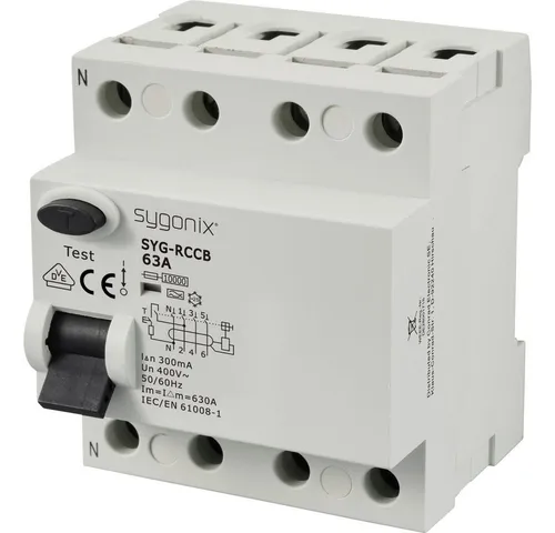 Sygonix SY-6438024 Fehlerstrom-Schutzschalter A 3P+N - Fehlerstromschutz (RCD) mit 63 A Nennstrom, 10 kA und 300 mA, schützt zuverlässig vor elektrischen Schlägen und erhöht die Sicherheit in Ihrem Zuhause.