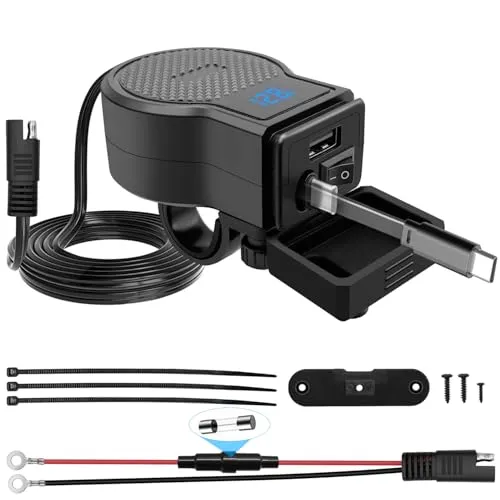 Hoembpn 72W Motorrad-USB-Ladegerät Wasserdicht IP65 mit LED-Voltmeter und EIN/Aus-Schalter, Einziehbares Type-C Kabel, QC3.0 + PD3.0 Schnellladung USB C Steckdose für 12V/24V Motorrad, Boot, ATV