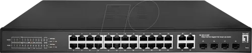LEVELONE GE2128P - 28-Port Gigabit PoE Switch - Netzwerk-Switch mit 24 PoE+ Ausgängen und 4 SFP/RJ45 Kombi-Ports, ideal für Unternehmen mit hohem Leistungsbedarf und einfacher Verwaltung durch LevelOne IP Locator.