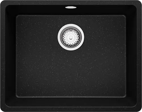 PRIMAGRAN Spülbecken Schwarz Metallic 56x44cm, Granitspüle 1 Becken + Ablauf-Set, Küchenspüle ab 60er Unterschrank - Venedig Slim Easy S040
