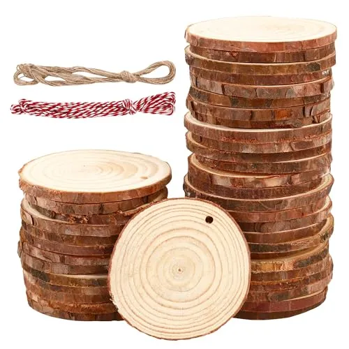 Produktbild Stück Holzscheiben 7-8 cm,Rund Holzscheiben zum Basteln mit zwei Baumwollschnüren,Holzscheibe aus Holz mit Löchern,Baumscheiben Unvollendete,für Heimwerken,Basteln,Hochzeiten,Feiertagsdekorationen 40