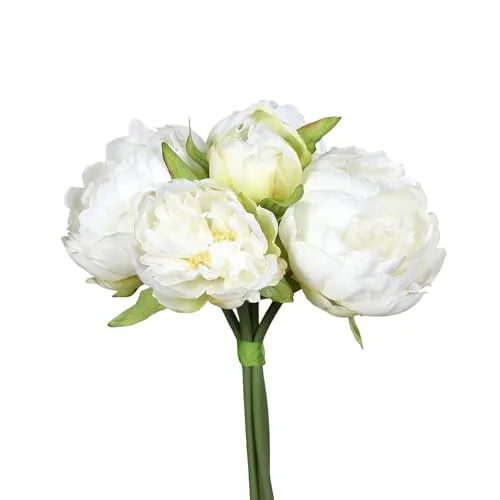 Künstliches Pfingstrosenbouquet 28cm weiß DP - mit 5 Blüten – Naturgetreuer Pfingstrosenstrauß aus Textilfaser – 5 einzeln verwendbare Stiele – Seidenblumen für Vase & Tischdeko
