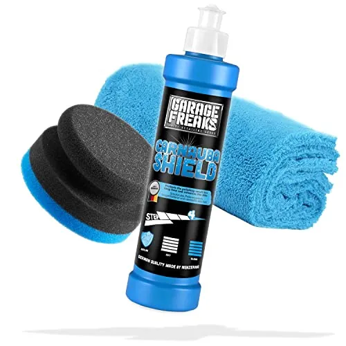 Garage Freaks Handpolitur Set - Step 4: Protection Versiegelung Carnauba Shield 250ml - Mit Abperleffekt und Tiefenglanz + Auftragsschwamm + Mikrofaser Poliertuch - Für eine optimale Auto Politur