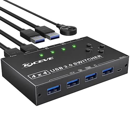 YOUTINGHDAV USB 3.0 Switch 4 PC, 4 in 4 out USB Switch 3.0 für 4 PC Share Tastatur, Maus, Drucker, Scanner, mit Wired Remote und 4 USB3.0 Kabeln