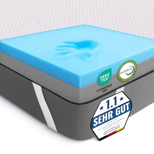 MKS 2-in-1 Gel Topper – Gelschaum Topper 220x200cm mit H3 & H4, 5-Schichten-System, Druckentlastung, Mesh-Seiten & Elastikbändern – Ideal für Seiten-, Rücken- & Bauchschläfer