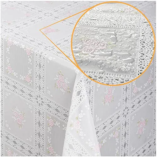 ANRO Tischdecke Lace Vinyl Wachstuch Häkel Spitze Optik Wasserfest Blumen Karo Rosa/Weiß 100x138cm