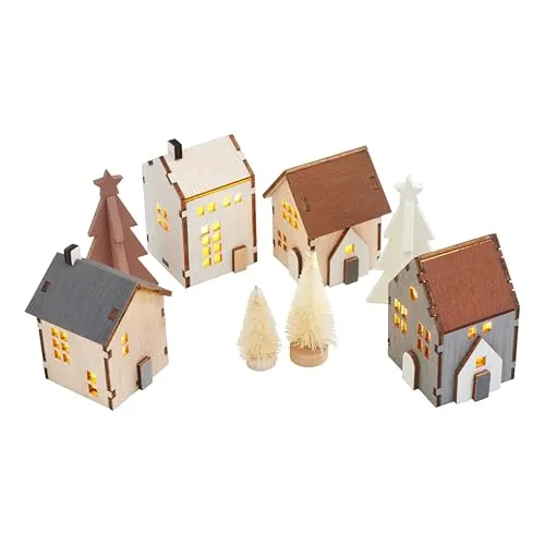 VBS Holzhäuschen Szene, beleuchtet, 8 Stk., 6.5-7.5 cm, zauberhaft gestaltet, Winterdekoration, Kunsthandwerk, Miniatur, Weihnachten, winterlich, DIY, Holzhaus, Beleuchtung, Mehrteilig