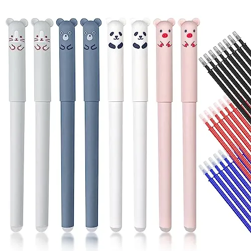 Relota 8 stück Radierbarer Kugelschreiber, Löschbarer Gelstift Cartoon | Erasable Pen Set mit 24 Nachfüllungen Gelschreiber Radierbar 0.35mm, Niedliche Gel Ink Pen für Kinder und Erwachsene