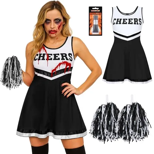 REDSTAR Cheerleader Kostüm Damen mit Pompons & Kunstblut – Gruseliger High School Zombie – Halloween Party oder Karneval