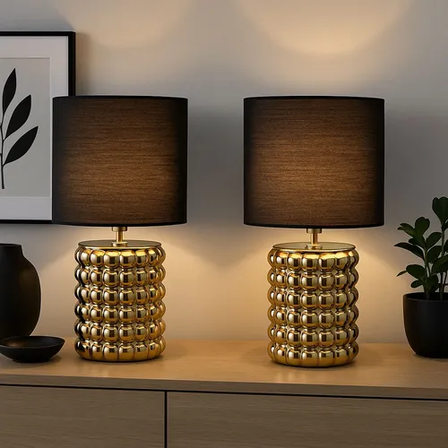 Elegante Tischlampe im 2er Set: Keramik Nachttischlampe schwarz gold - Tischleuchten aus Keramik und Textil, mit E14 Fassung für individuelle Lichtgestaltung und eleganten Design. Ideal für Wohnzimmer und Schlafzimmer.