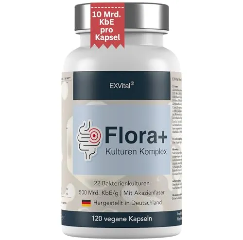 EXVital Flora+ Kulturen Komplex mit 500 Mrd. KBE/g - 22 Bakterienkulturen mit Akazienfaser - Effektive Darmbakterien u.a. Lactobacillus Salivarius & Bifidobakterien, 120 vegane Kapseln