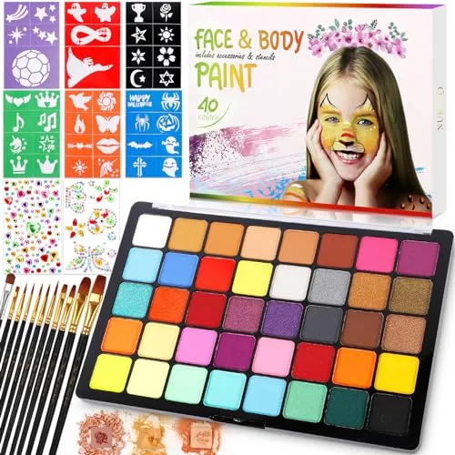 POWZOO 40 Farben Kinderschminke Set,Face Paint Body Paint für Kinder und Erwachsene,Gesichtsfarbe Kinderschminken Set,mit 41 Schablonen,11 Pinsel,2 Aufkleber,für Fasching Halloween Karneval.