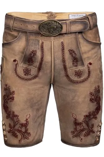 Edelnice Kurze Lederhose Emil mit roter Stickerei - Trachtenlederhose für Herren aus hochwertigem, weichem Ziegenleder mit auffälligen roten Stickereien – ideal für Volksfeste und traditionelle Anlässe.