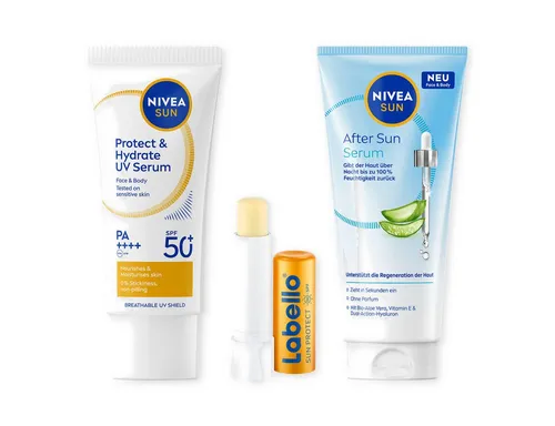 Nivea SUN Protect Set - 3-teiliges Serum, Lippenpflege & After Sun - 3-teiliges Set für umfassenden Sonnenschutz und Pflege, ideal für alle Hauttypen. Enthält ein leichtes Serum, Lippenpflege und After Sun für optimale Erholung nach dem Sonnenbad.