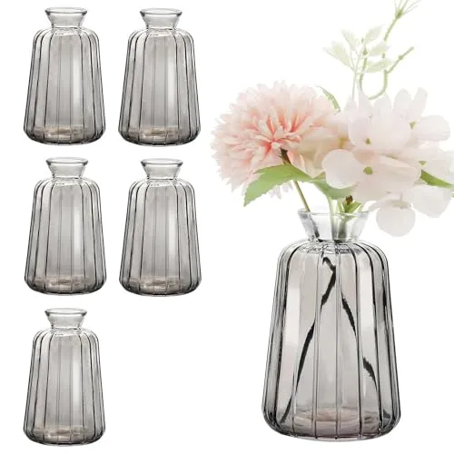 Avmvnvc Kleine Glasvasen - 6er Set Kleine Vasen für Tischdeko Hochzeit - Vintage Stil Deko Vasen Set - Mini Glasvasen für Tischdeko, Grau