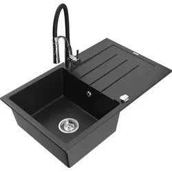 Mexen Bruno Granitspüle 1 Becken mit Abtropffläche und Mischbatterie Aster, Schwarz/Silbermetallic