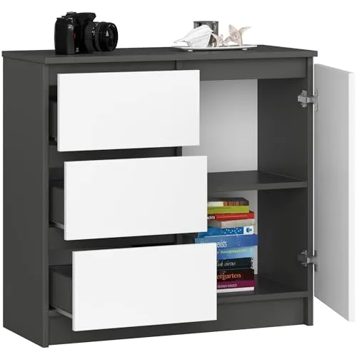 BDW - Kommode mit 3 Schubladen und 1 Tür - 80 cm breit, 77 cm hoch - Schrank, Sideboard, Mehrzweck-, Schuhschrank, Schubladenkommode, Aktenschrank - Wohn-, Schlafzimmer, Flur - Grau/Weiss