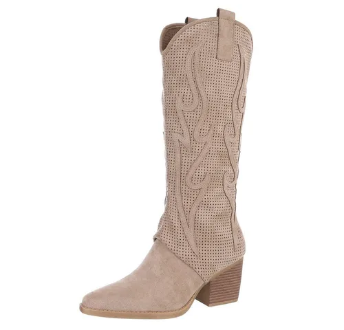 Ital-Design Damen Stiefel in Hellbraun - Stilvolle Western- & Bikerstiefel - Elegante Sommerstiefel aus Wildlederoptik für Damen, ideal für Frühling und Herbst. Bequemer Blockabsatz mit 7 cm Höhe und praktischem Reißverschluss für einfachen Einstieg.