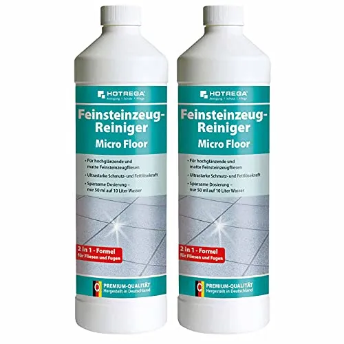 HOTREGA Feinsteinzeug Reiniger Micro Floor 1l - Bodenreiniger für hochglänzende und matte Feinsteinzeugfliesen, schützt vor Wiederanschmutzung und reinigt intensiv von Öl, Fett und mehr. Ergiebigkeit bis zu 1000 m² pro Liter!