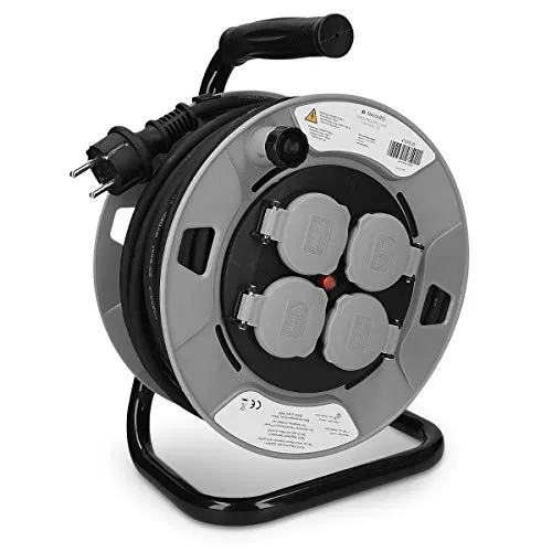 Navaris Kabeltrommel 25m mit 4 Steckdosen - Kabeltrommel für bis zu 4 Geräte, spritzwassergeschützt (IP44) und ideal für Innen- und Außenbereich. Ergonomischer Griff für einfachen Transport.