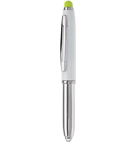 Touchpen Kugelschreiber / mit LED Licht / Farbe: silber/weiß mit grünen Stylus