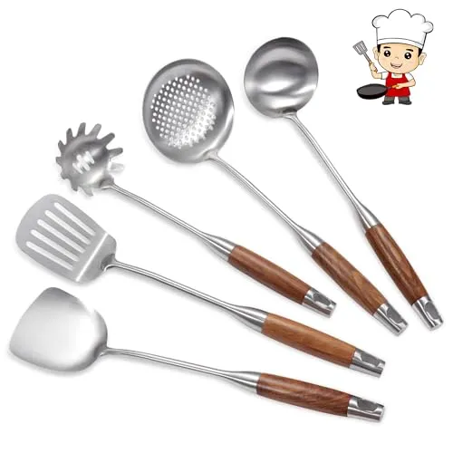 YFWOOD Edelstahl Küchenutensilien-Set, 5 Teiliges Kochutensilien, Spatel, Suppenkelle, Schaumlöffel, Pasta-Server & Schaumlöffel, Spülmaschinenfest