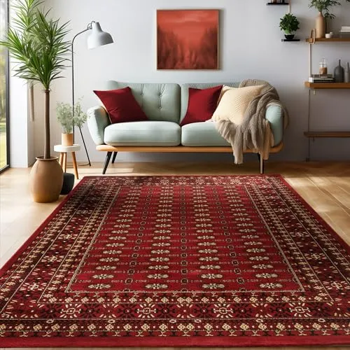 Orientalischer Teppich Wohnzimmer, Schlafzimmer, Esszimmer, Läufer, Flur Boho Teppich Kurzflor Weich 12 mm Carpet Orient, Rot, 80 x 150 cm