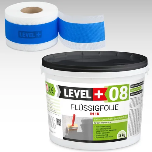 Dichtset Level+ Flüssigfolie 12kg - Perfekte Abdichtung für Bad und Dusche - Dichtmaterialien für schimmelresistente und wasserdichte Abdichtungen, gebrauchsfertig mit 15m Dichtband, ideal für Badezimmer und Keller.