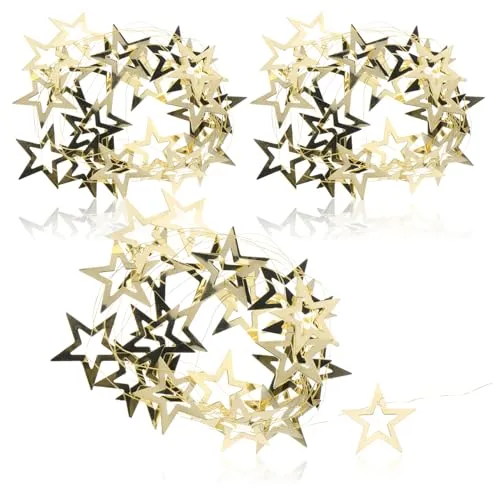 com-four® 3X Goldfarbene Girlande mit Sternen - Weihnachtsgirlande als Christbaumschmuck - Stern-Girlande für den Adventskranz - je 2 m
