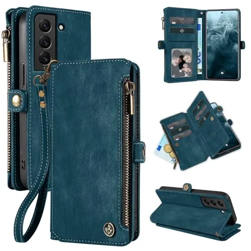 LBH Handy Hülle für Samsung Galaxy S21 FE Klapphülle RFID Schutz Wallet Geldbeutel Geldbörse Cover Case Flipcase Kartenfächer Geldfach Münzfach Petrol