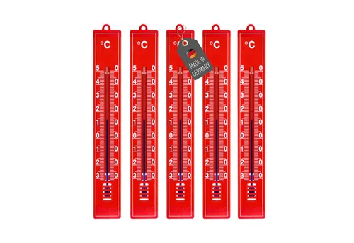 Lantelme Raumthermometer 5 Stück Set Auswahl Farben Kunststoff Thermometer Innen Garten Außen, 5-tlg., 5 Stück Thermometer im Set, Deutsche Herstellung, 17cm, Temperatur -30 bis +50 °C Analog