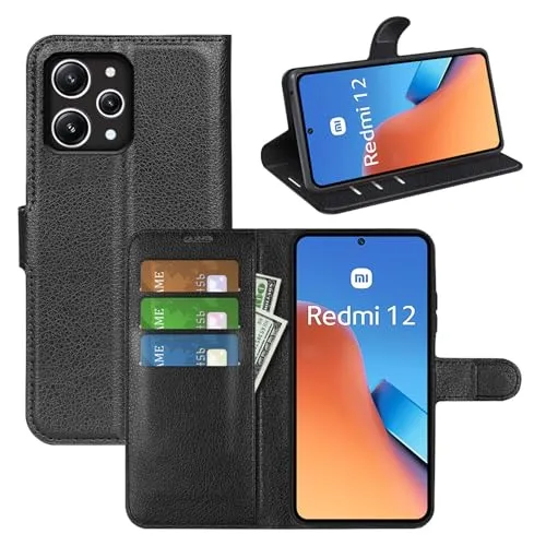 betterfon Handyhülle Kompatibel mit Xiaomi Redmi 12 | Premium Qualität TPU Klapphülle für Redmi 12 mit Kartenfächern | Magnetverschluss Handyhülle | Schwarz