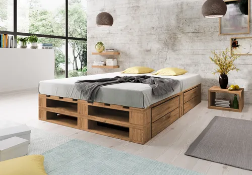 Lermowood Palettenbett M2 140 x 200 cm mit Lattenrost und 2 BettkästenEiche Holzbett Massivholzbett Bett aus Paletten Seniorenbett Kinderbett Jugendbett