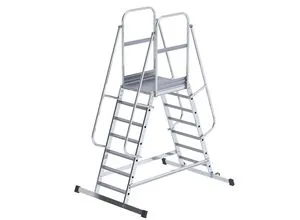 eurokraft pro Alu-Podestleiter, beidseitig begehbar, fahrbar, 2 x 7 Stufen