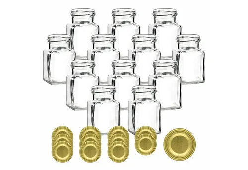 gouveo Vorratsglas Einmachgläser 150 ml eckig mit Schraub-Deckel - Kleine Vorratsgläser, (12-tlg), Goldfarben