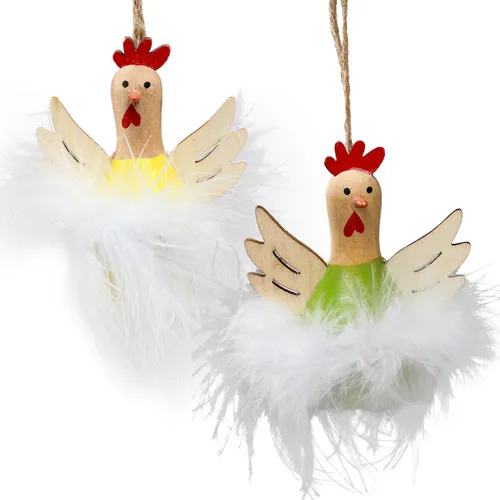 Deko Hühner Osterdeko Holz Hängedeko 8cm 6er Set - Charmante Frühlingsdeko im Landhausstil, ideal für festliche Anlässe. Das Set aus 6 Holz-Hühnern bringt eine fröhliche Atmosphäre in Ihr Zuhause.