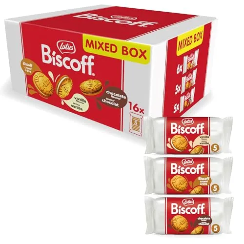 Produktbild Lotus Biscoff | Doppelkeks Variety Pack | 3 Sorten: Biscoff-Creme, Vanille- und Schokoladengeschmack | 5 Doppelkekse pro Packung | Zutaten natürlichen Ursprungs | Ohne Farbstoffe | 16 x 50g | 800g