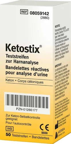 Ketostix Teststreifen - Blutzuckermessgeräte - 50 Teststreifen zur Harnanalyse, zur Überwachung von Ketonen im Urin für eine gezielte Ernährungskontrolle.