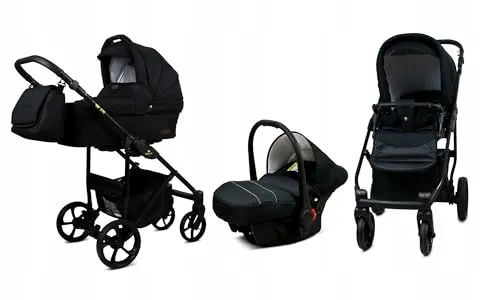 BabyLux® Bambimo Kinderwagen Set 3 in 1 - Air - Onyx - incl. Babywanne, Buggy Sportsitz, Auto-Babyschale - Autositz - Kinderwagenset - Kombikinderwagen mit Wickeltasche, Regenschutz usw.