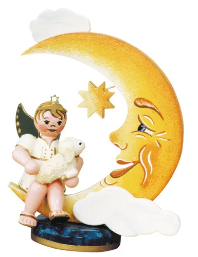 Hubrig Volkskunst Engelfigur Engelbub - Mond mit Schäfchen - Nussknacker, handgefertigte Holzfigur mit liebevollen Details, perfekt für Sammler und Engel-Liebhaber, Höhe 6,5 cm, verzaubert jedes Zuhause.