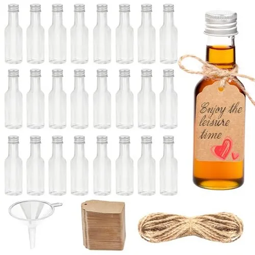 JOFONY 24 Stück Kleine Likörflaschen 50ml, Kleine Plastikflaschen mit Deckel und Trichtern Wiederverwendbare Leere Schnapsflaschen für Partys Reisen