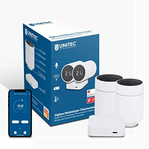 UNITEC Smart Heizkörper-Thermostat Starter Set 2+1 mit LCD Display - Programmierbare Thermostate mit Smart Home-Kompatibilität für einfache Sprachsteuerung über Amazon Alexa und Google Assistant.