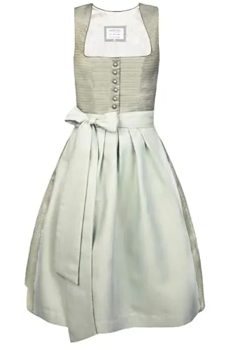 Edelnice Midi Dirndl Ina in Hellgrün - Dirndl für Damen mit schimmerndem Stoff und filigranen Borten, inklusive schlichter salbeifarbener Schürze – ideal für festliche Anlässe und einen modernen Look.
