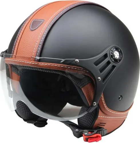 CMX Jethelm - Rollerhelm Hazel Schwarz matt + Leder braun 