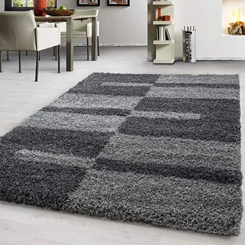 Teppium Moderner Hochflor Teppich Wohnzimmer 200x300 (200 x 290 cm) Grau - Shaggy Flauschiger Teppich, Extra Weich, Pflegeleicht und Kariertes - für Schlafzimmer, Küche und Esszimmer