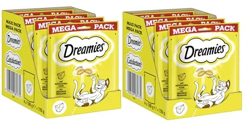DREAMIES Mega Pack Käse 2X 4X 180g - Praktische Vorratsverpackung für Katzenleckerli mit Käsegeschmack. Zweifache Textur: außen kross, innen cremig. Ideal für den Snack-Spaß und mit wertvollen Vitaminen und Mineralstoffen.