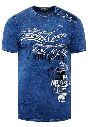 R-Neal T-Shirt Herren Seitliche Knopfleiste Oxid Washed mit Individuellem Front Print Stretch Streetwear Freizeit-Shirt 194, Farbe:Marine, Größe:XL