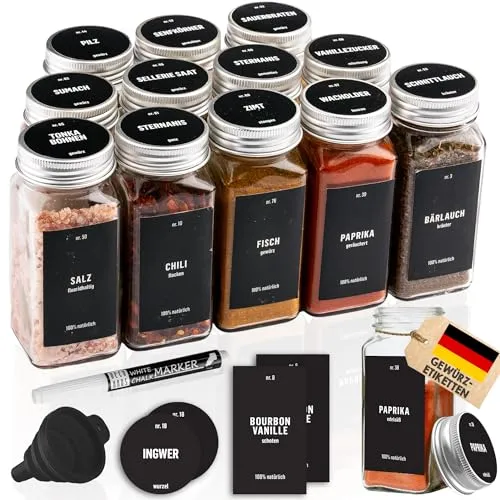 Deco haus® Gewürzgläser eckig mit Schraubkappe 12er Set [+Etiketten & Streueinsatz] - Gewürzdosen Set Glas - Gewürzbehälter Spice Jars - Gewürze Aufbewahrung - Behälter für Gewürze Gewürzaufbewahrung